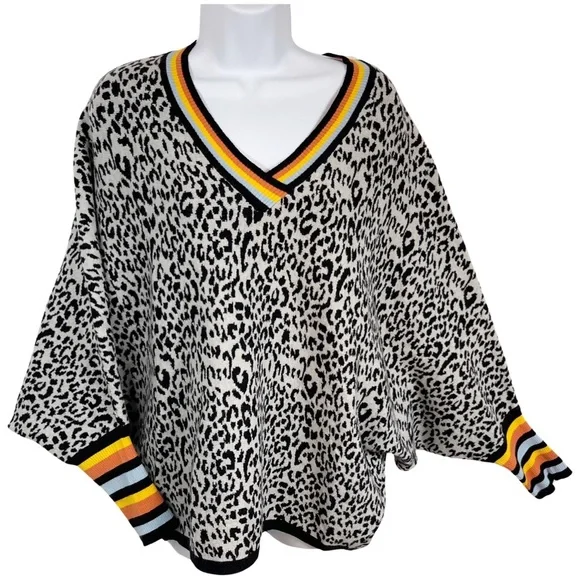 Cozy Leopard Print V-Neck Sweater L Rainbow Trim Dolman Sleeve Gray Black - Picture 10 of 10